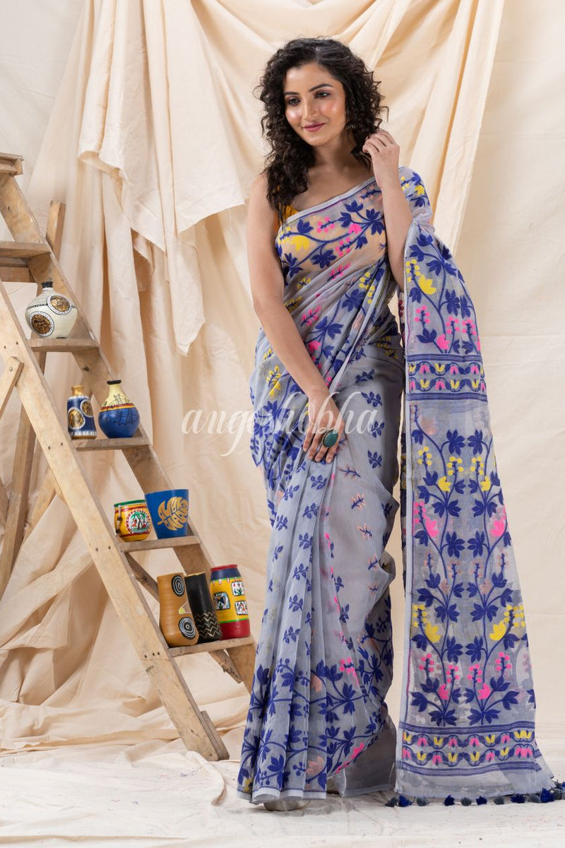 Traditional Ash Soft Dhakai Creeper Jamdani Saree