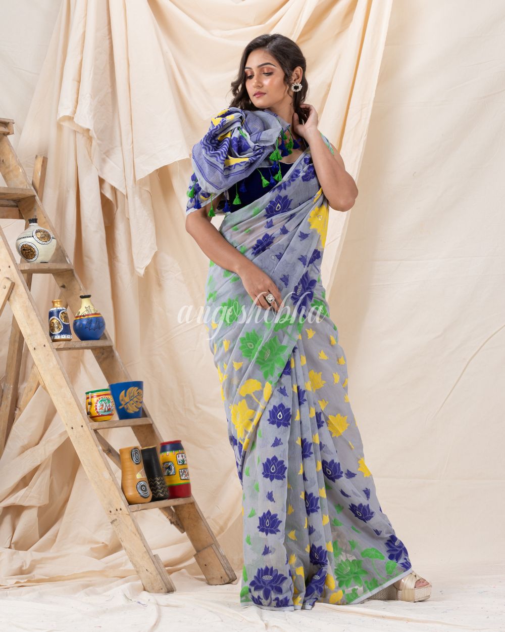 Traditional Baby Blue Soft Dhakai Jamdani Saree angoshobha