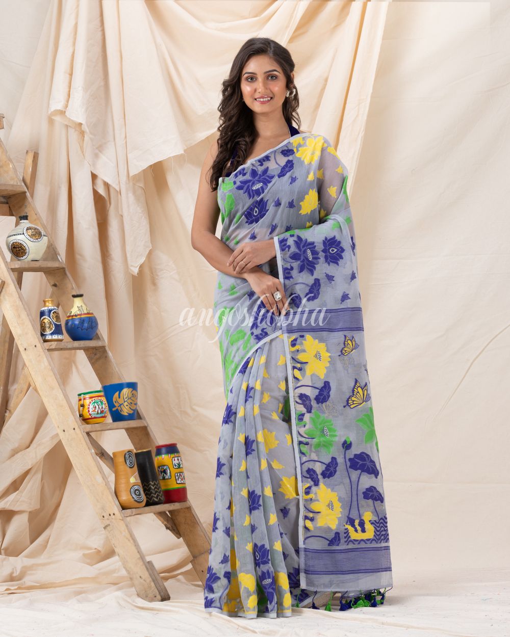 Traditional Baby Blue Soft Dhakai Jamdani Saree angoshobha
