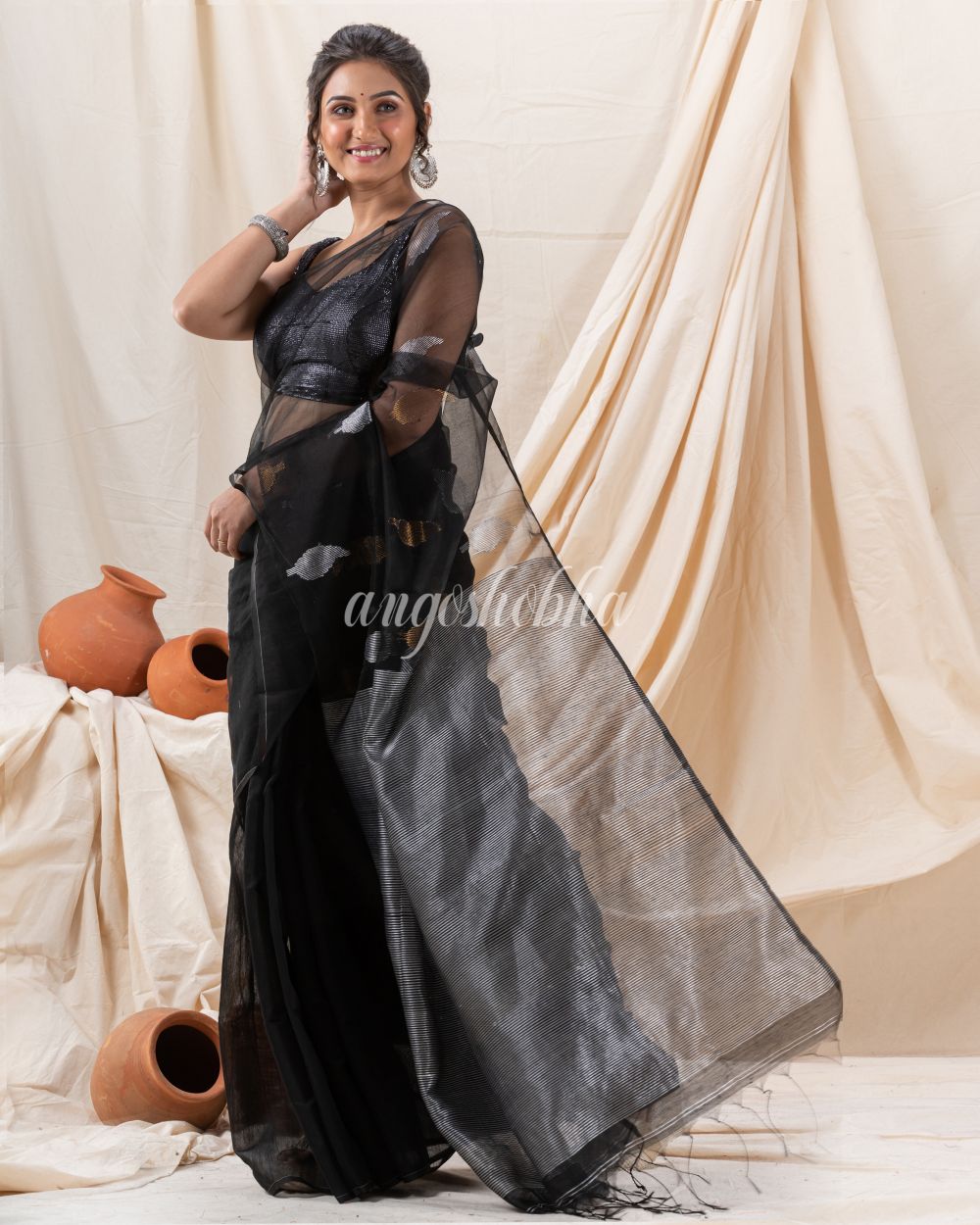 Traditional Black Cotton Silk Fancy Jamdani Saree angoshobha