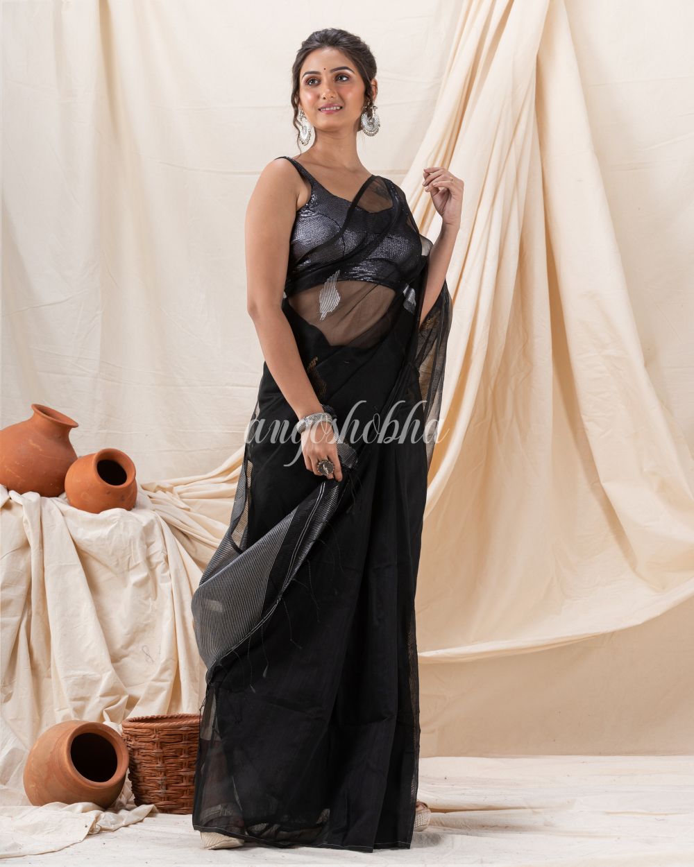 Traditional Black Cotton Silk Fancy Jamdani Saree angoshobha
