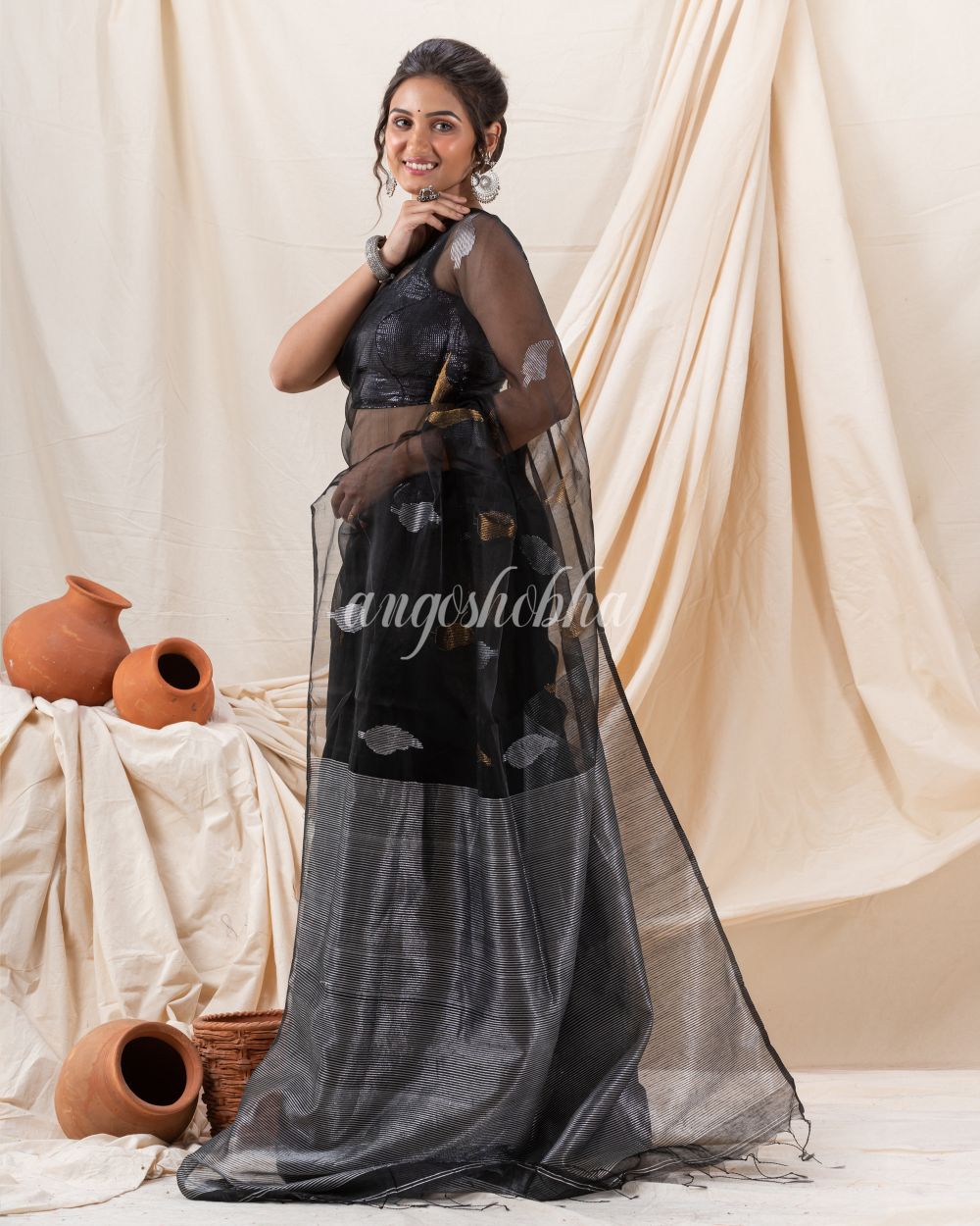 Traditional Black Cotton Silk Fancy Jamdani Saree angoshobha