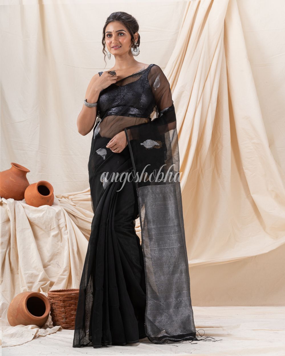 Traditional Black Cotton Silk Fancy Jamdani Saree angoshobha