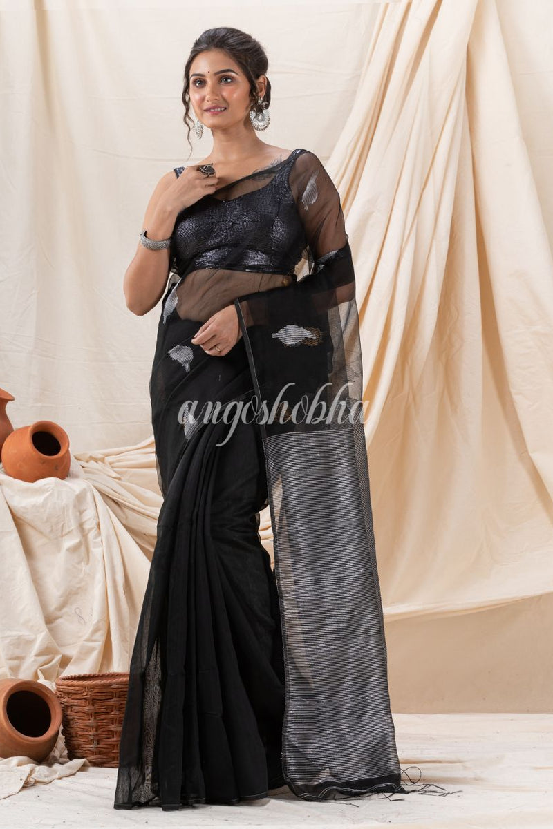 Traditional Black Cotton Silk Fancy Jamdani Saree