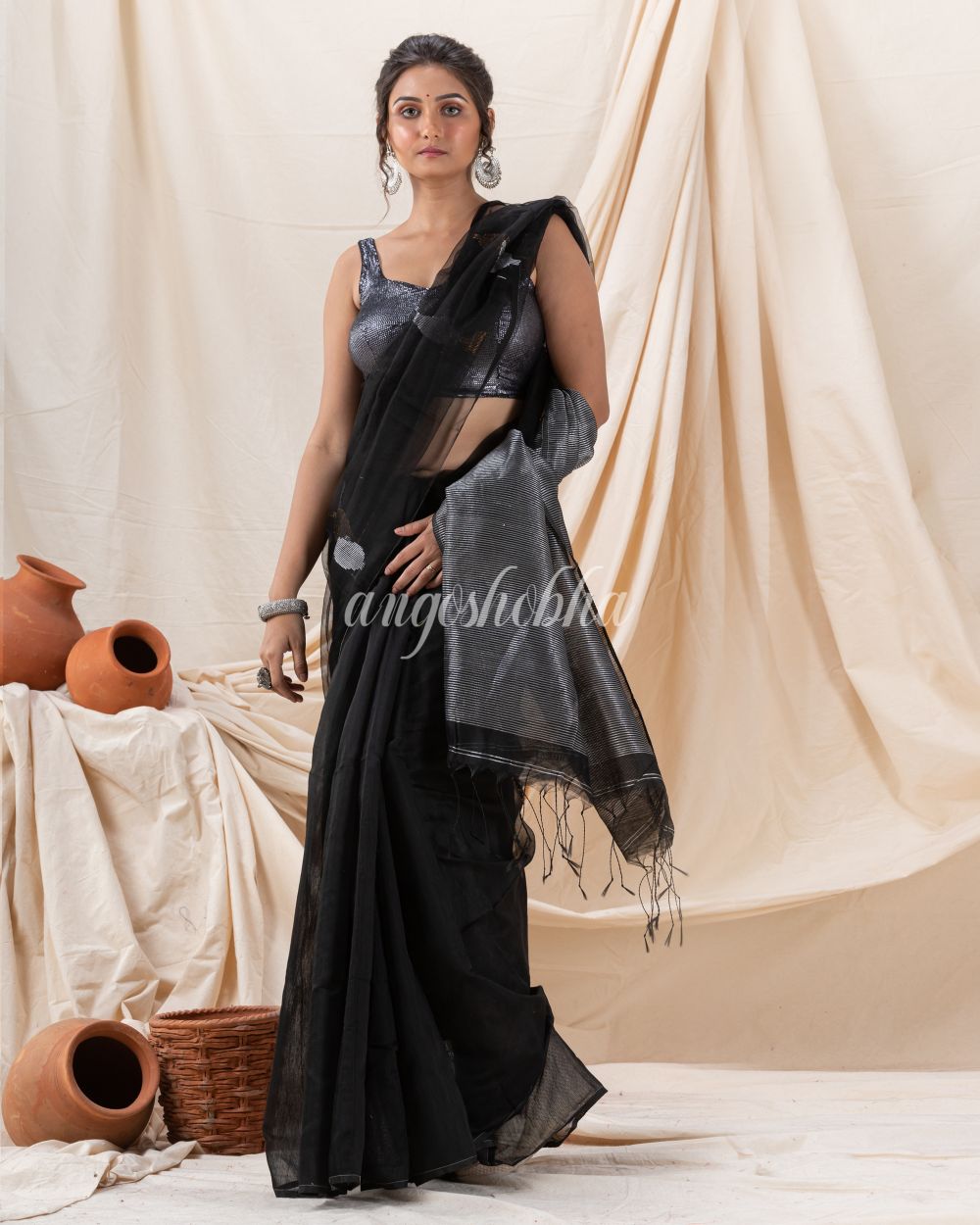 Traditional Black Cotton Silk Fancy Jamdani Saree angoshobha