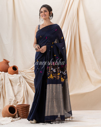 Traditional Black Cotton Soft Jamdani Saree angoshobha