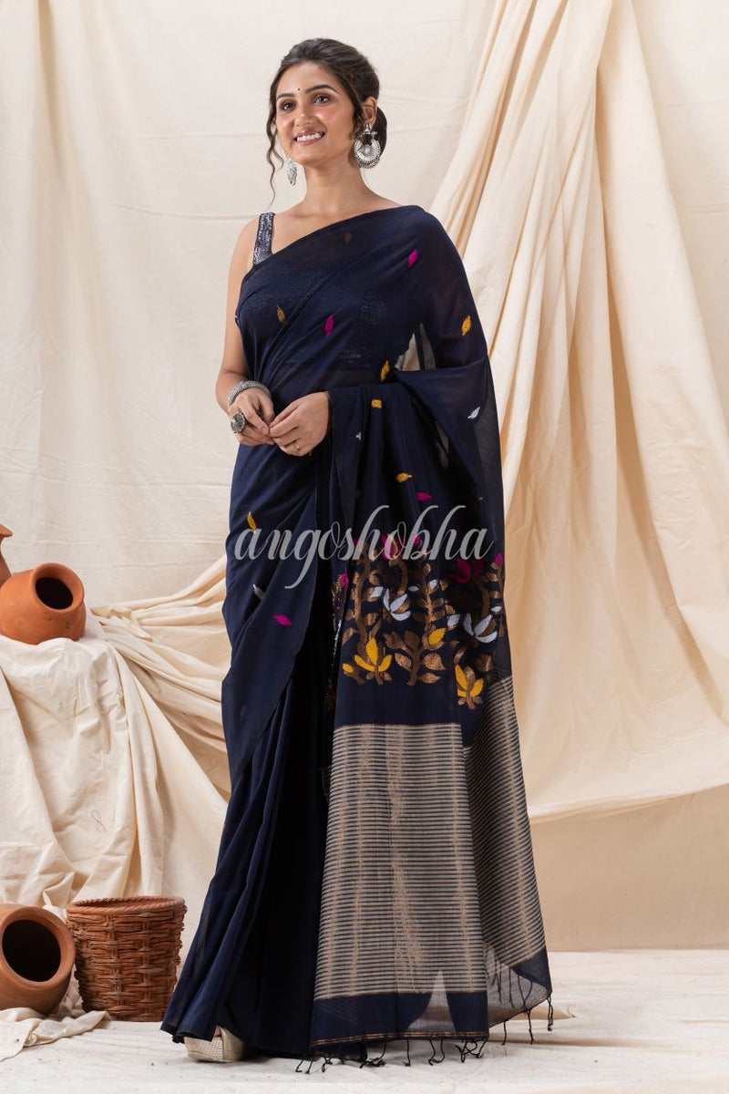 Traditional  Navy Blue  Cotton Soft Jamdani Saree
