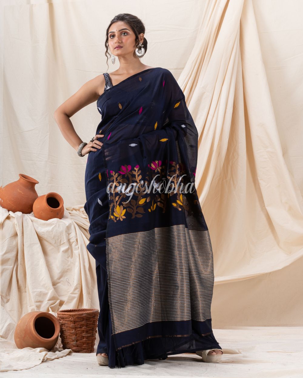 Traditional Black Cotton Soft Jamdani Saree angoshobha