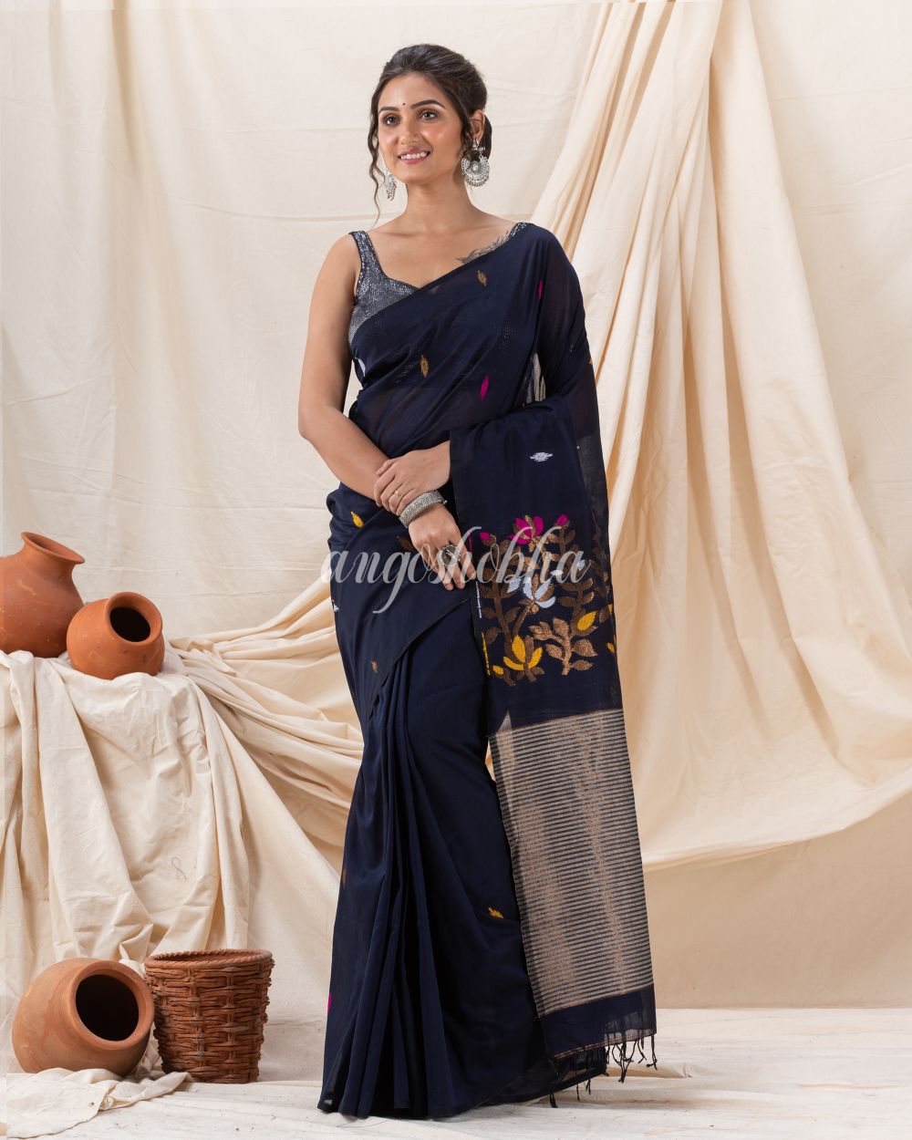 Traditional Black Cotton Soft Jamdani Saree angoshobha