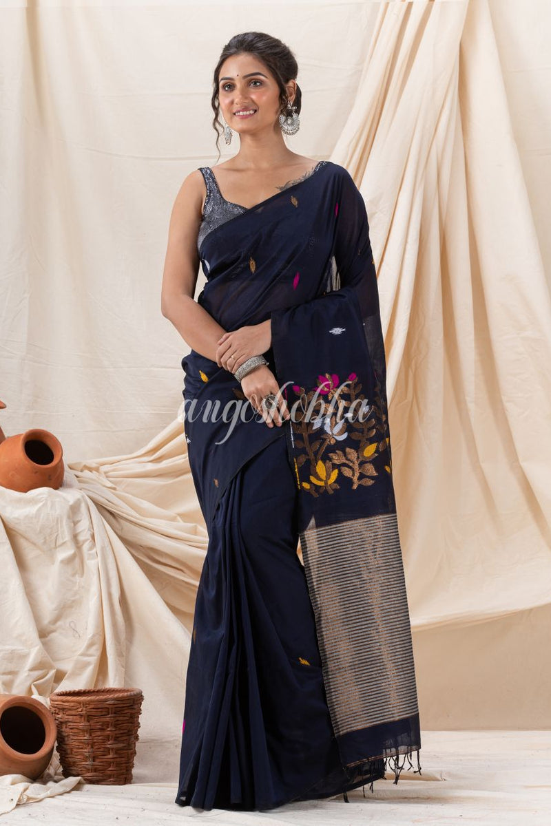 Traditional  Navy Blue  Cotton Soft Jamdani Saree