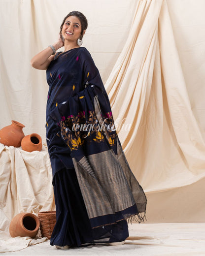 Traditional Black Cotton Soft Jamdani Saree angoshobha