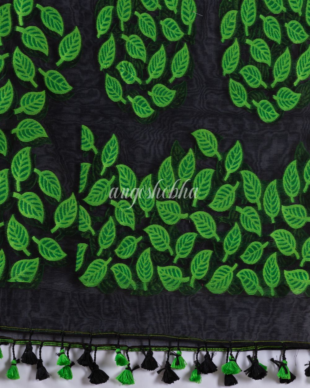 Traditional Black Green Leaf Soft Dhakai Jamdani Saree angoshobha