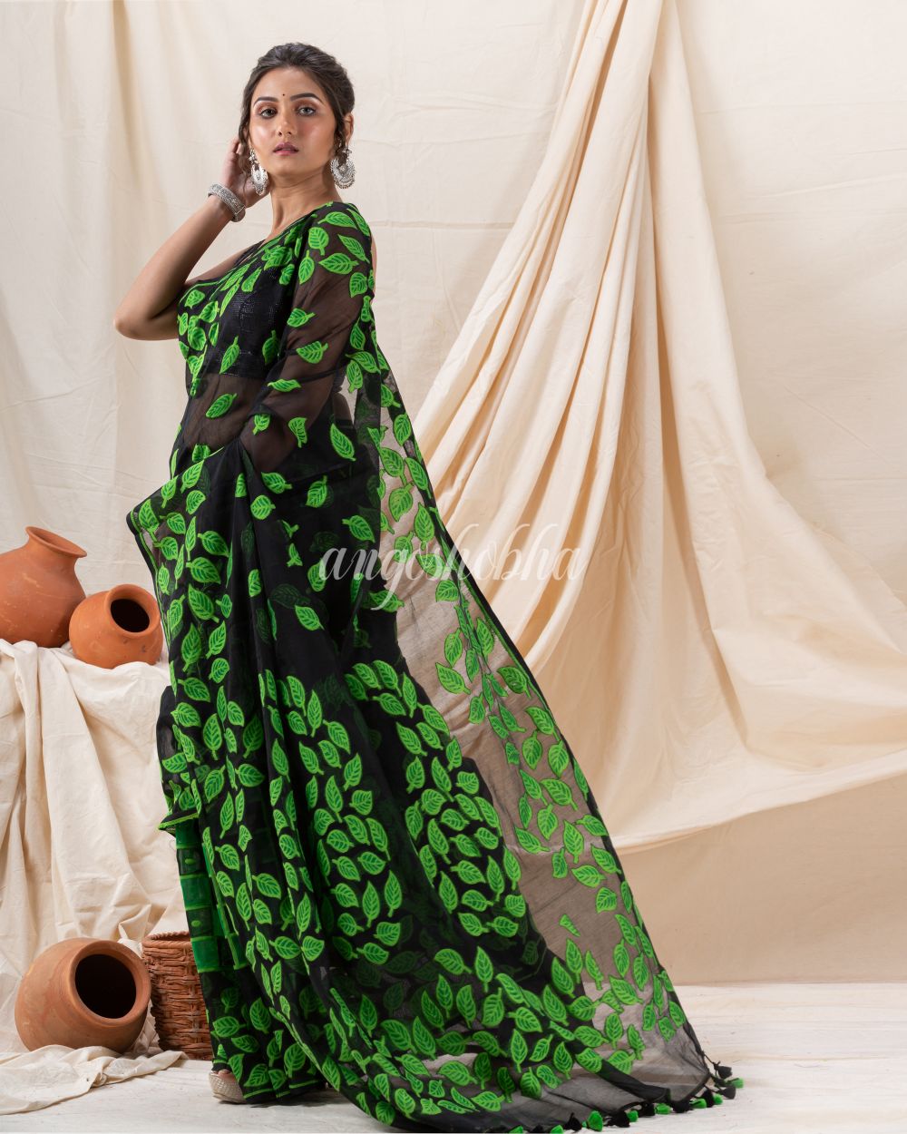 Traditional Black Green Leaf Soft Dhakai Jamdani Saree angoshobha