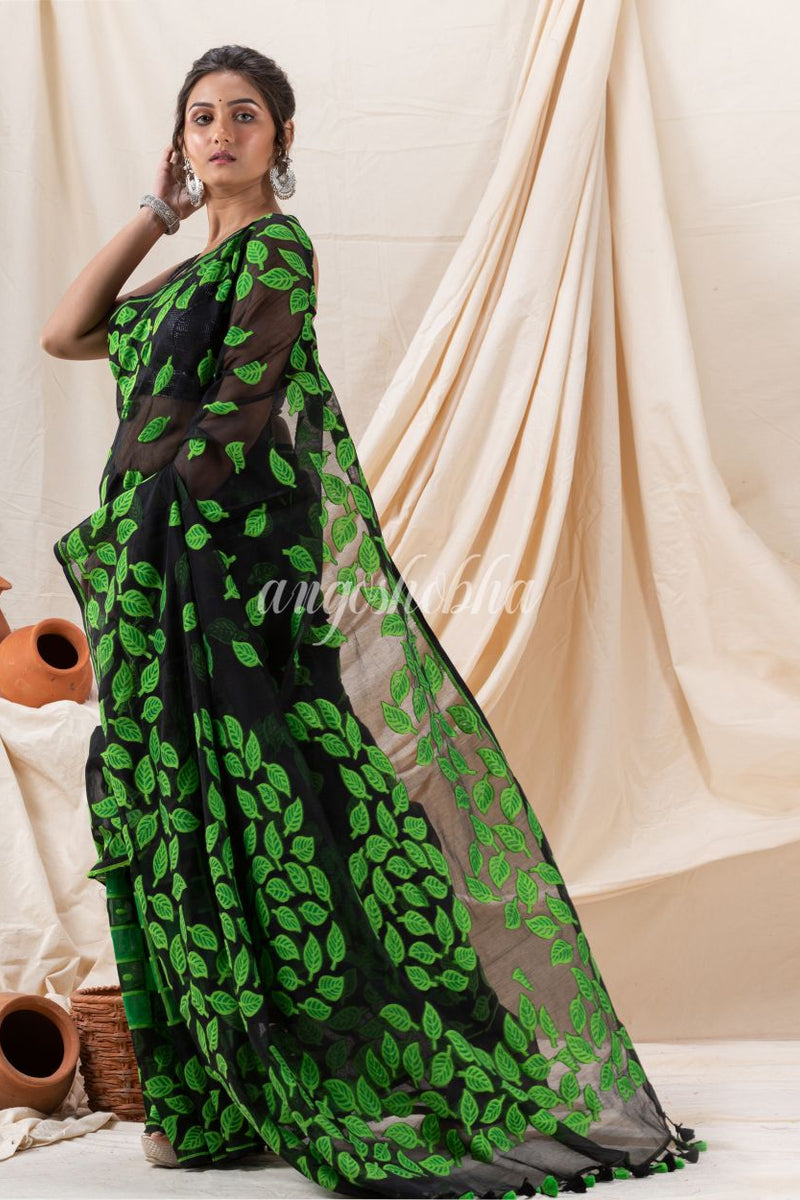 Traditional Black Green Leaf Soft Dhakai Jamdani Saree