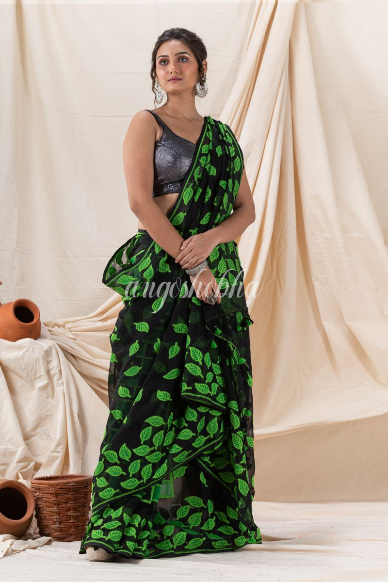 Traditional Black Green Leaf Soft Dhakai Jamdani Saree