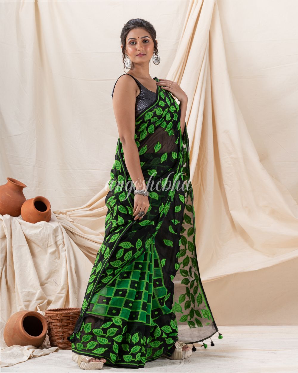 Traditional Black Green Leaf Soft Dhakai Jamdani Saree angoshobha