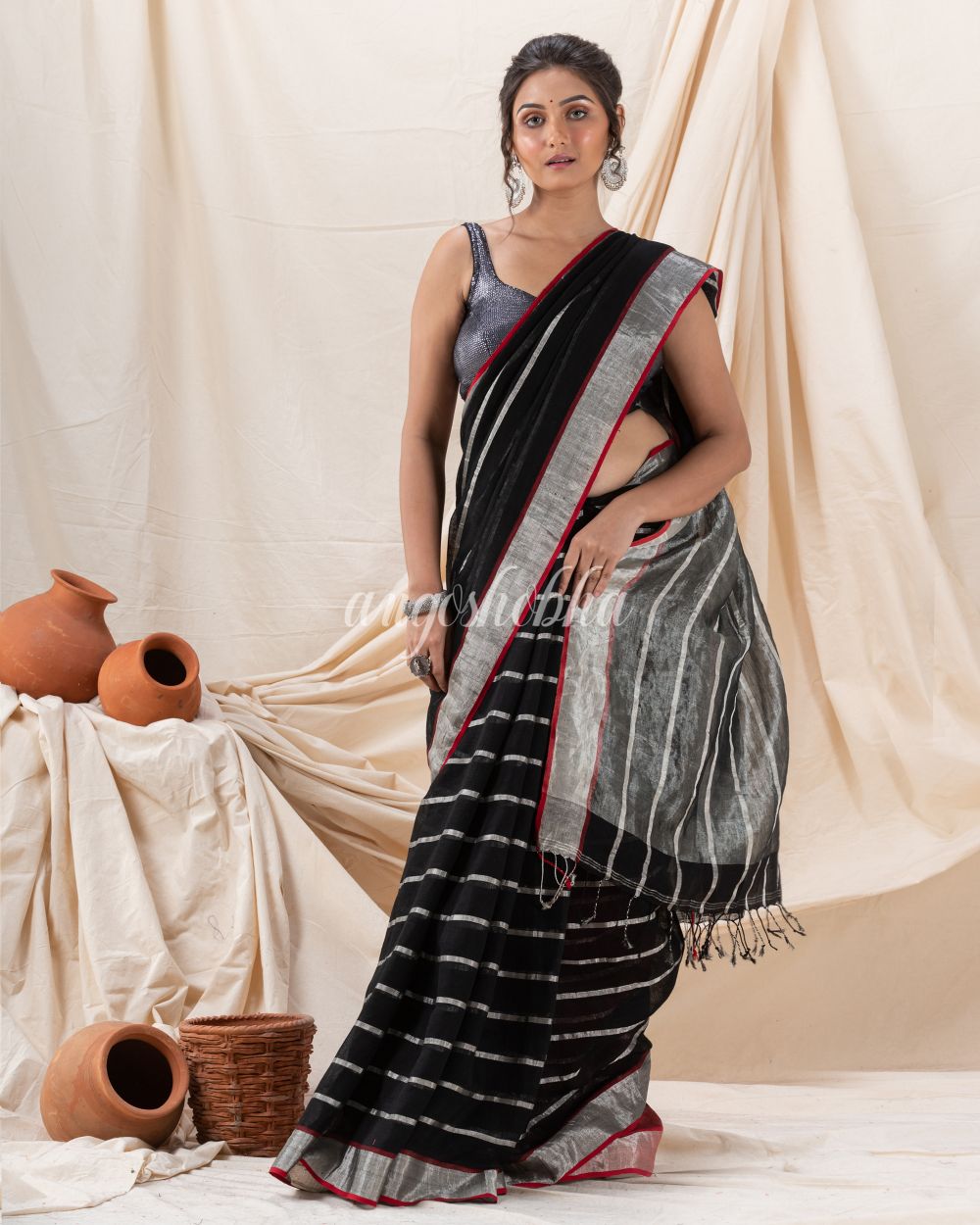 Traditional Black Handloom Linen Saree angoshobha