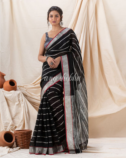 Traditional Black Handloom Linen Saree angoshobha