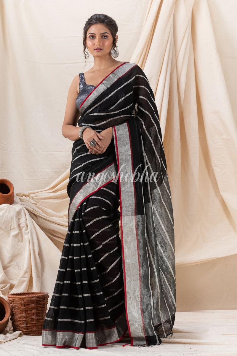 Traditional Black Handloom Linen Saree