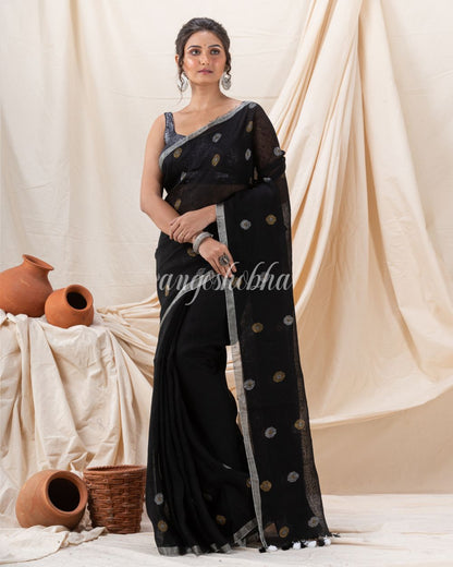 Traditional Black Linen Jamdani Saree angoshobha