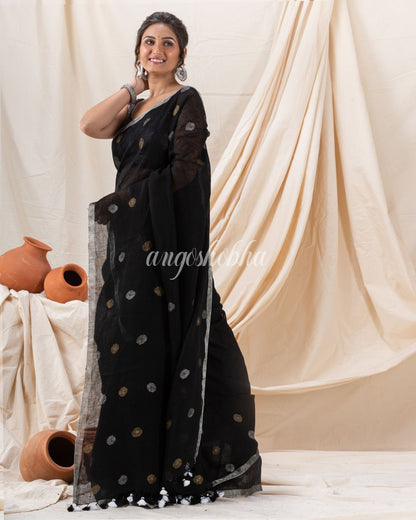 Traditional Black Linen Jamdani Saree angoshobha