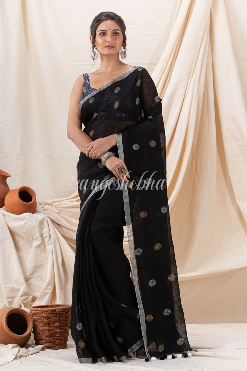 Traditional Black Linen Jamdani Saree
