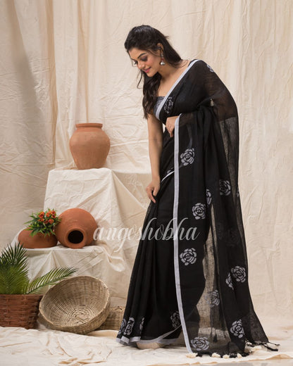 Traditional Black White Linen Jamdani Saree angoshobha