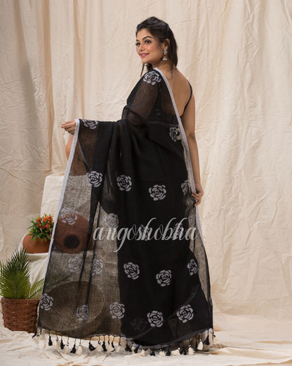 Traditional Black White Linen Jamdani Saree angoshobha