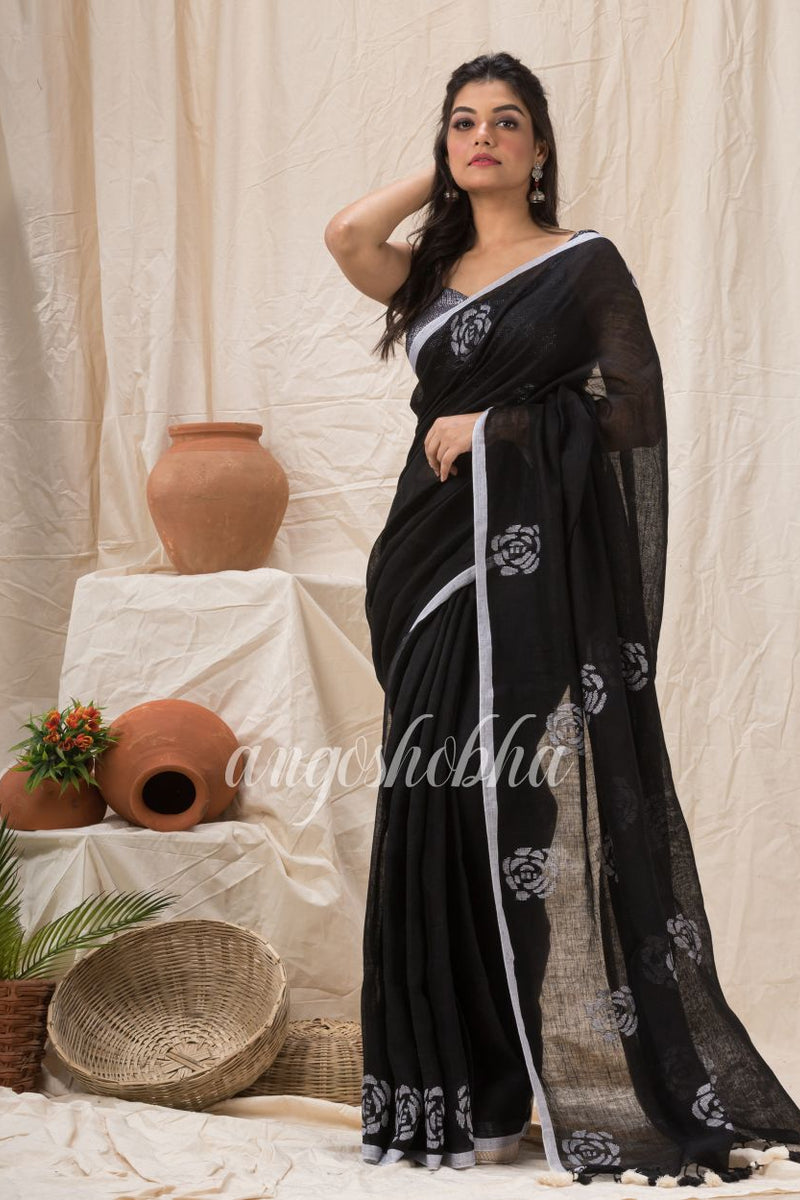 Traditional Black White Linen Jamdani Saree