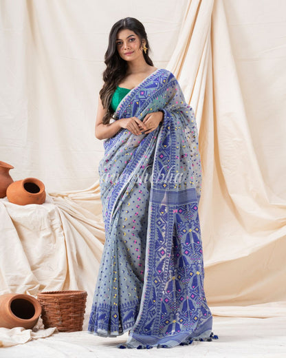 Traditional Blue Grey Soft Dhakai Jamdani Saree angoshobha