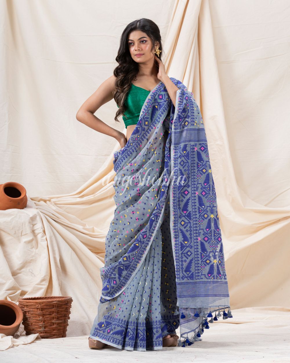 Traditional Blue Grey Soft Dhakai Jamdani Saree angoshobha