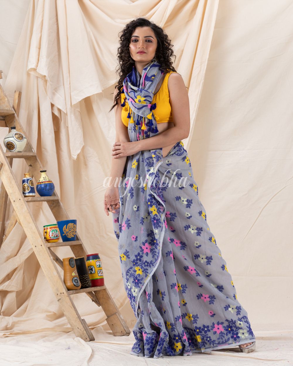 Traditional Blue Grey Soft Dhakai Jamdani Saree angoshobha