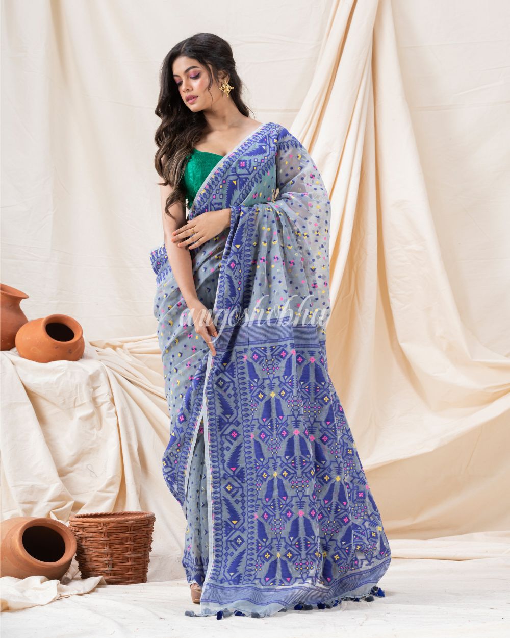 Traditional Blue Grey Soft Dhakai Jamdani Saree angoshobha