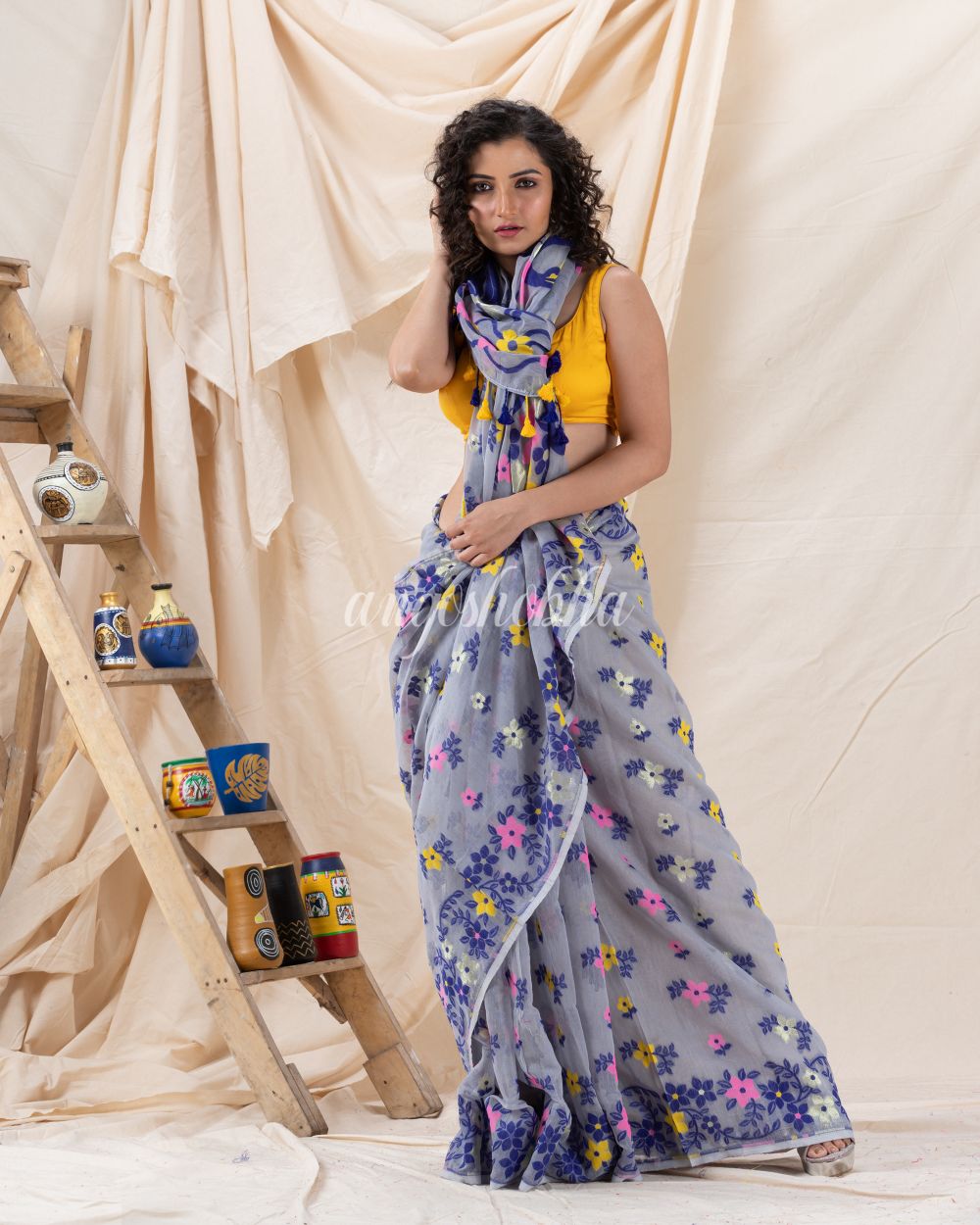 Traditional Blue Grey Soft Dhakai Jamdani Saree angoshobha