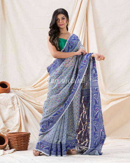 Traditional Blue Grey Soft Dhakai Jamdani Saree angoshobha