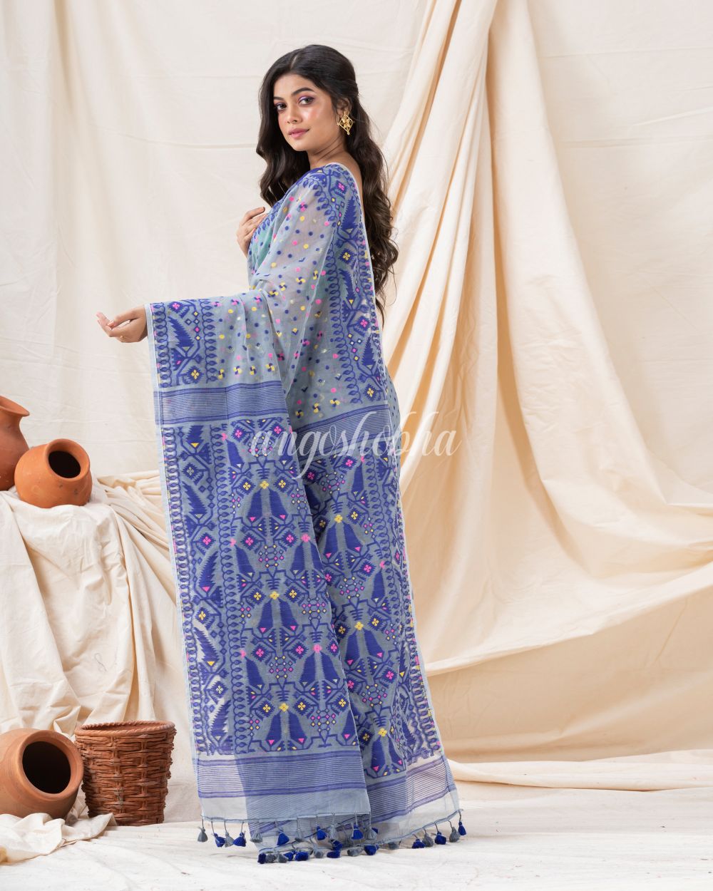 Traditional Blue Grey Soft Dhakai Jamdani Saree angoshobha