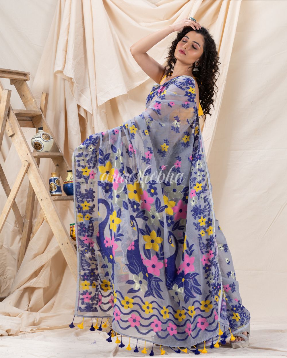 Traditional Blue Grey Soft Dhakai Jamdani Saree angoshobha