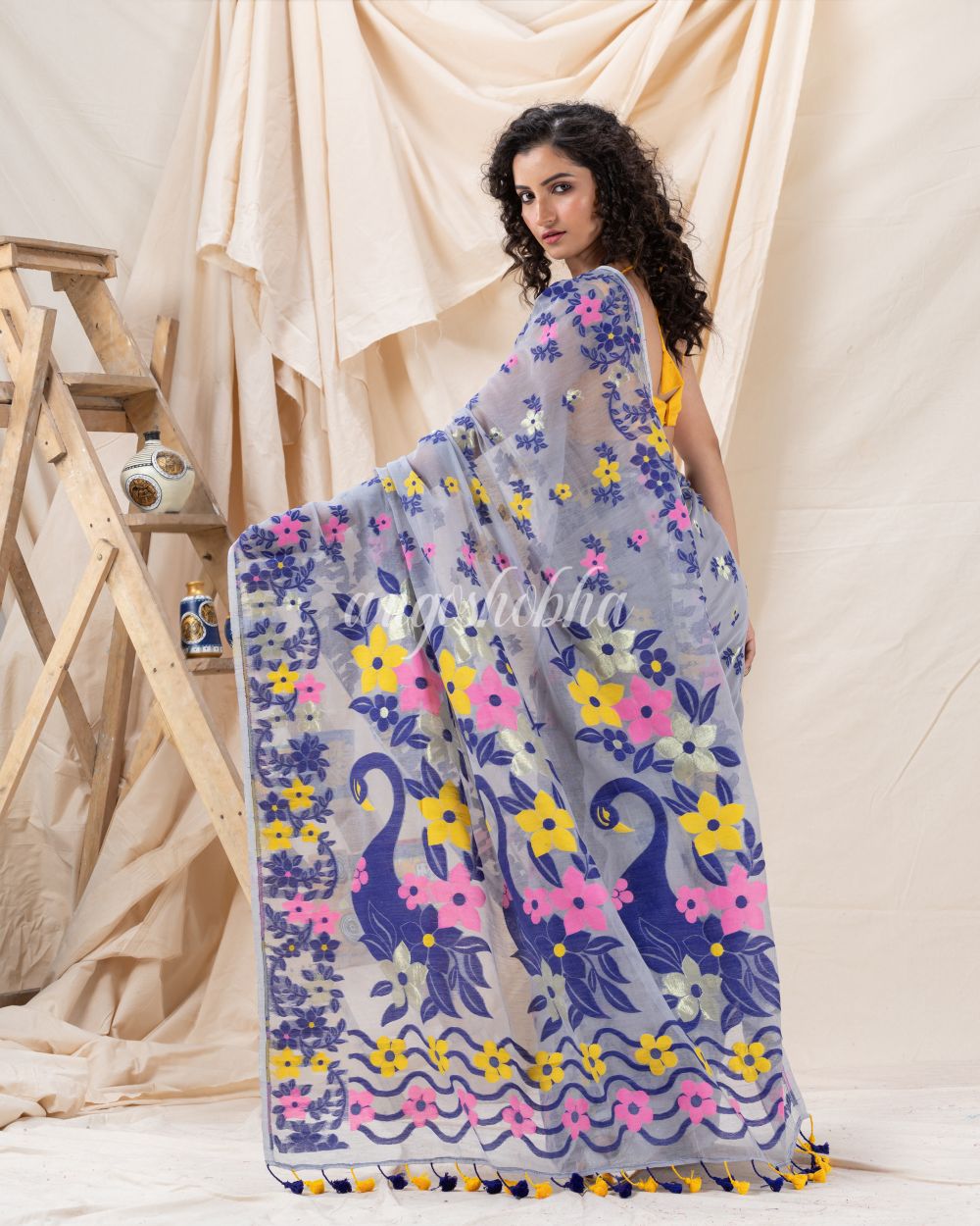 Traditional Blue Grey Soft Dhakai Jamdani Saree angoshobha