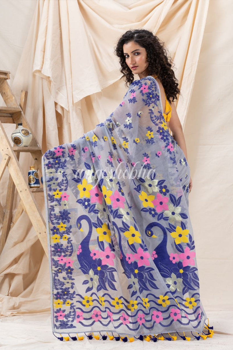 Traditional Blue Grey Soft Dhakai Jamdani Saree
