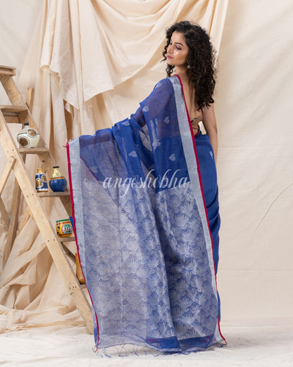 Traditional Blue Silk Linen Handloom Saree angoshobha