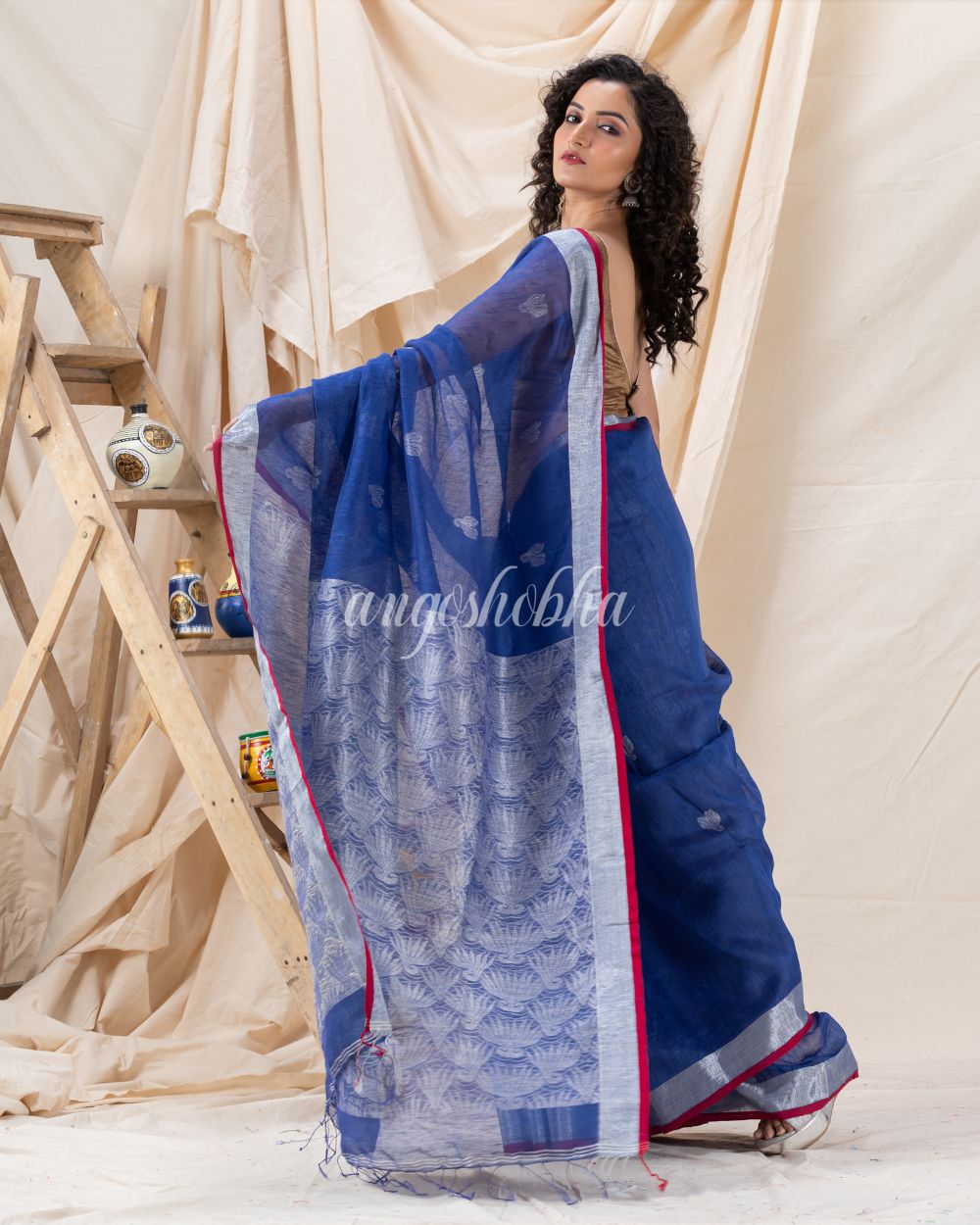 Traditional Blue Silk Linen Handloom Saree angoshobha