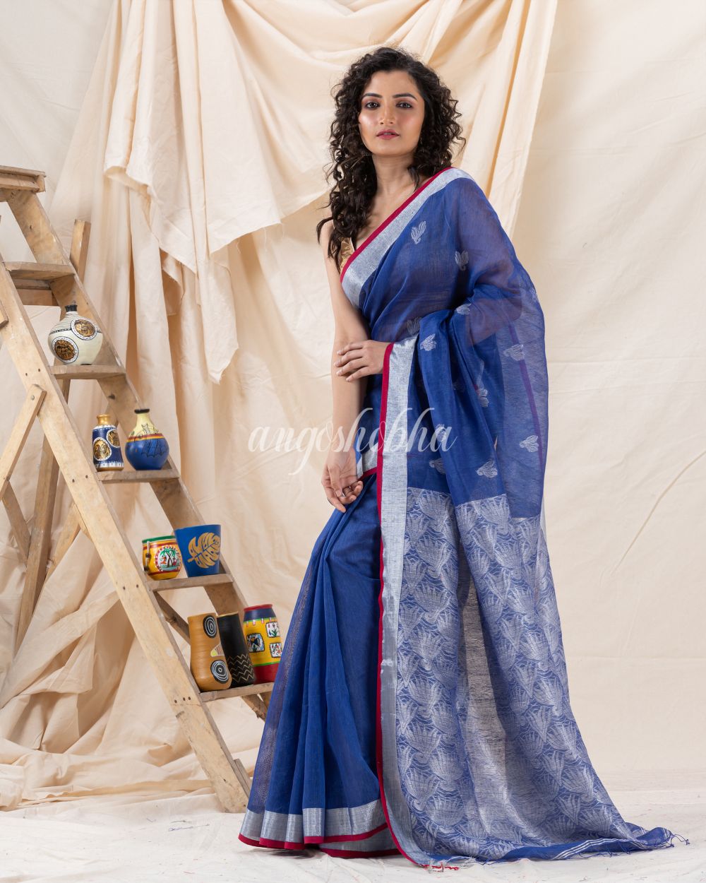 Traditional Blue Silk Linen Handloom Saree angoshobha