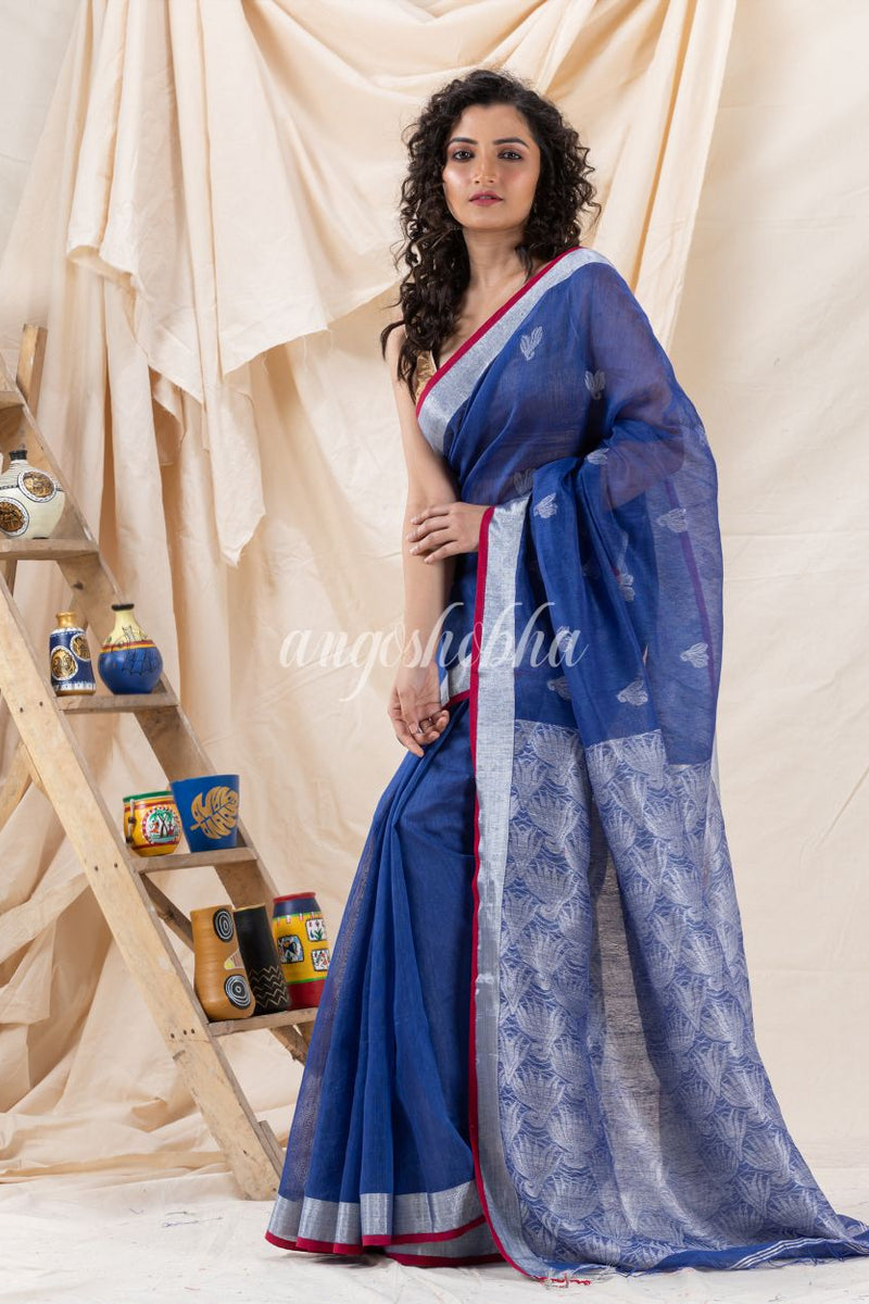 Traditional Blue Silk Linen Handloom Saree