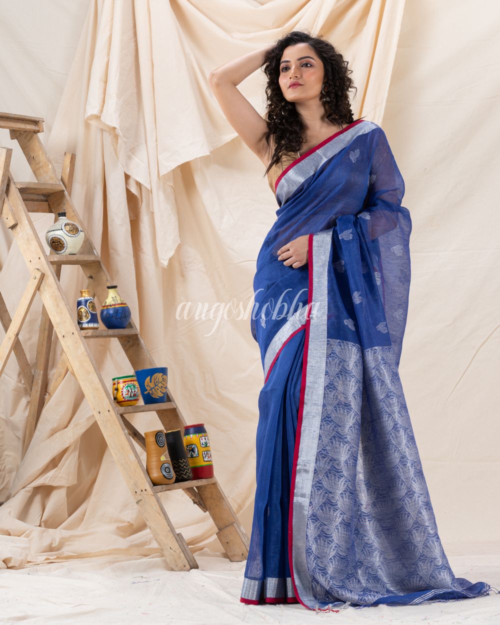 Traditional Blue Silk Linen Handloom Saree angoshobha