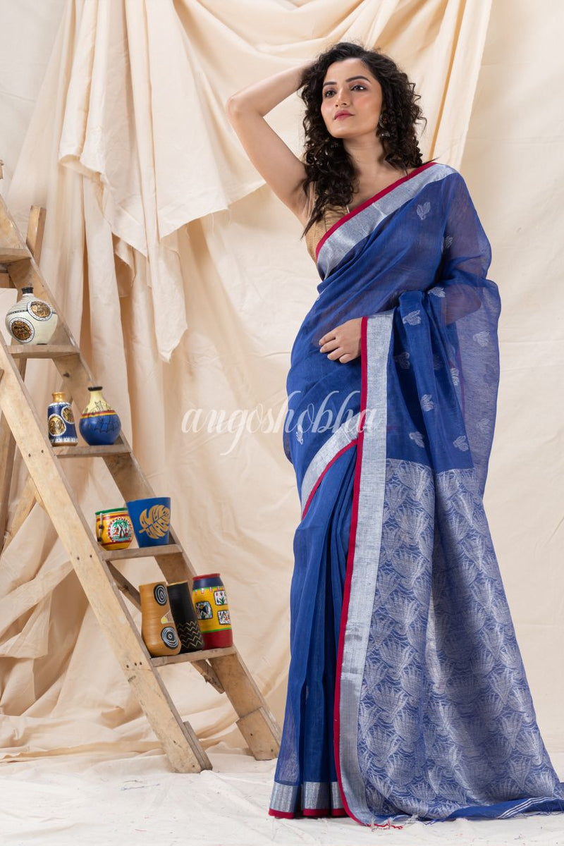 Traditional Blue Silk Linen Handloom Saree