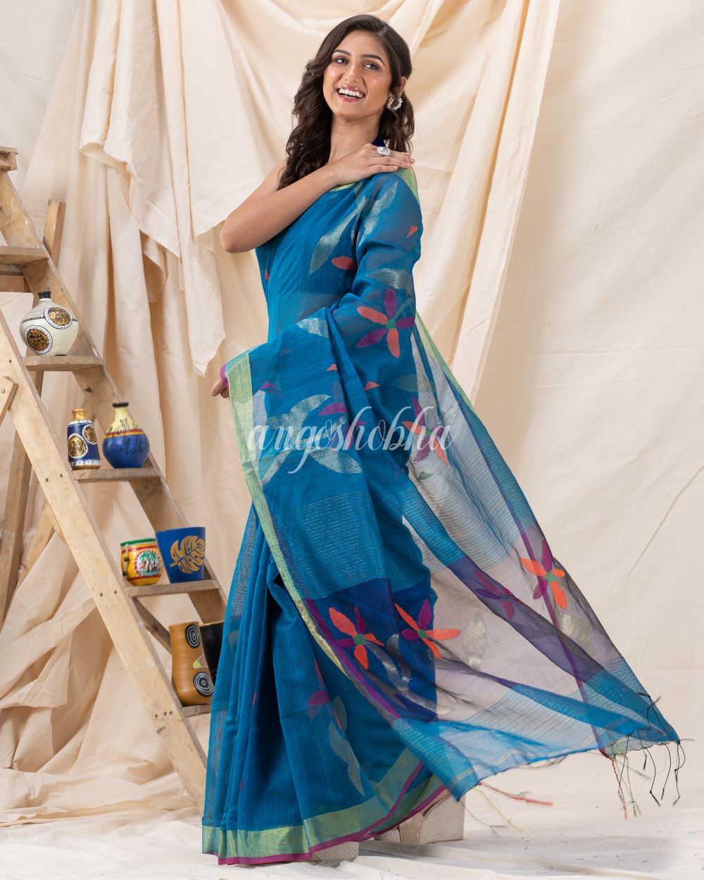 Traditional Blue Soft Dhakai Jamdani Saree angoshobha