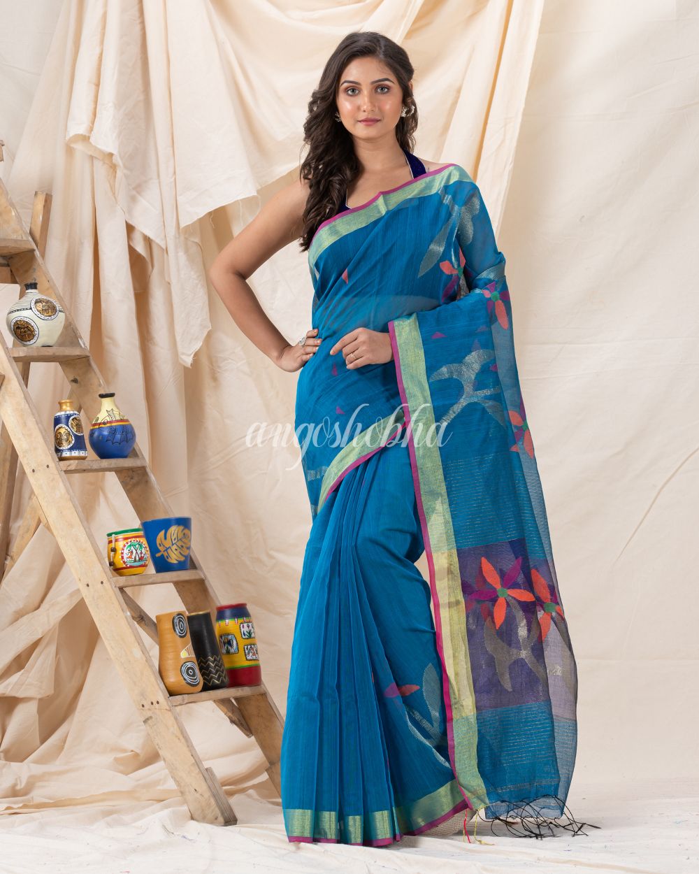 Traditional Blue Soft Dhakai Jamdani Saree angoshobha