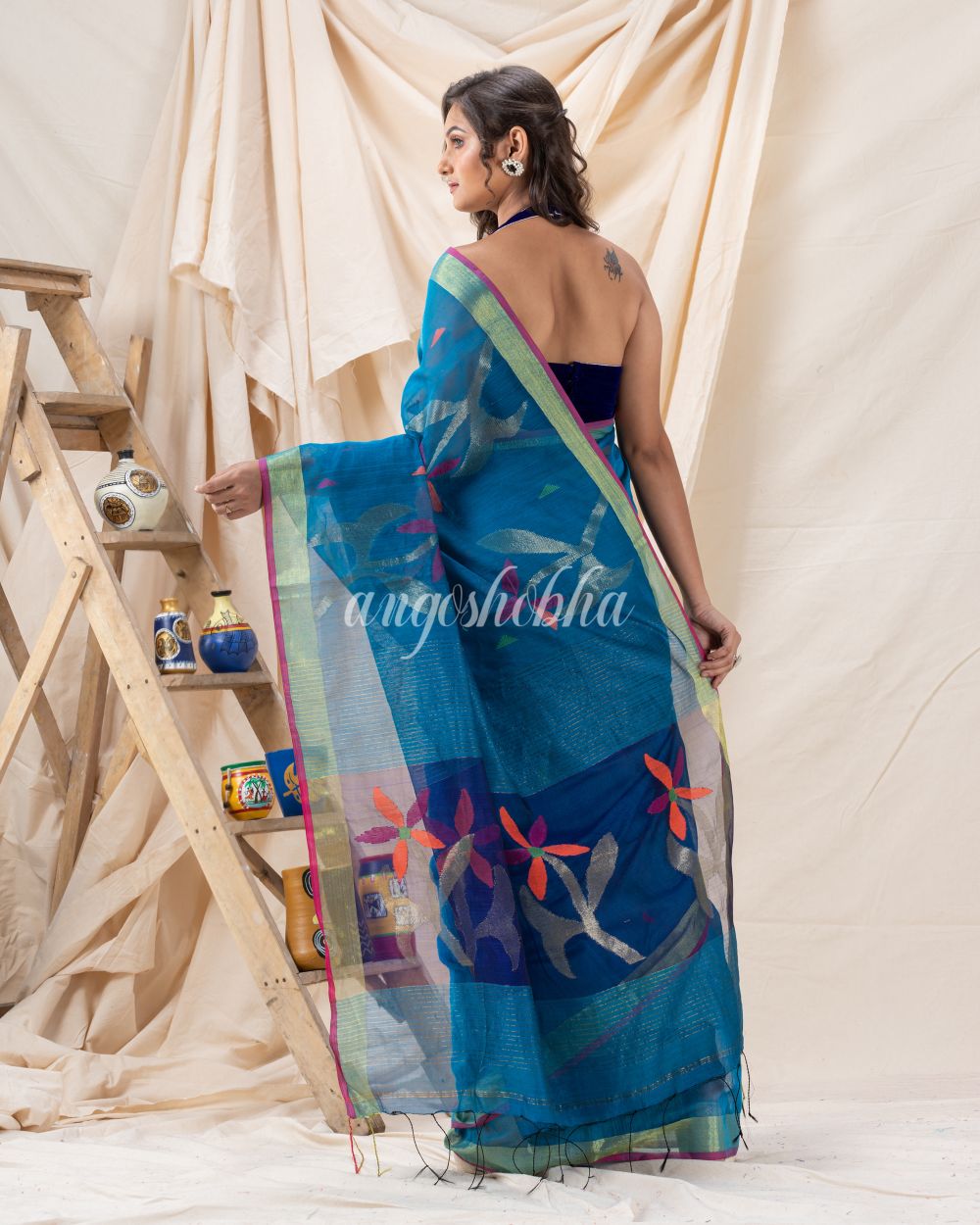 Traditional Blue Soft Dhakai Jamdani Saree angoshobha