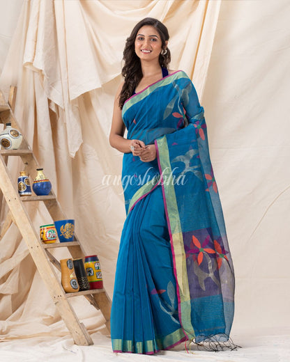 Traditional Blue Soft Dhakai Jamdani Saree angoshobha