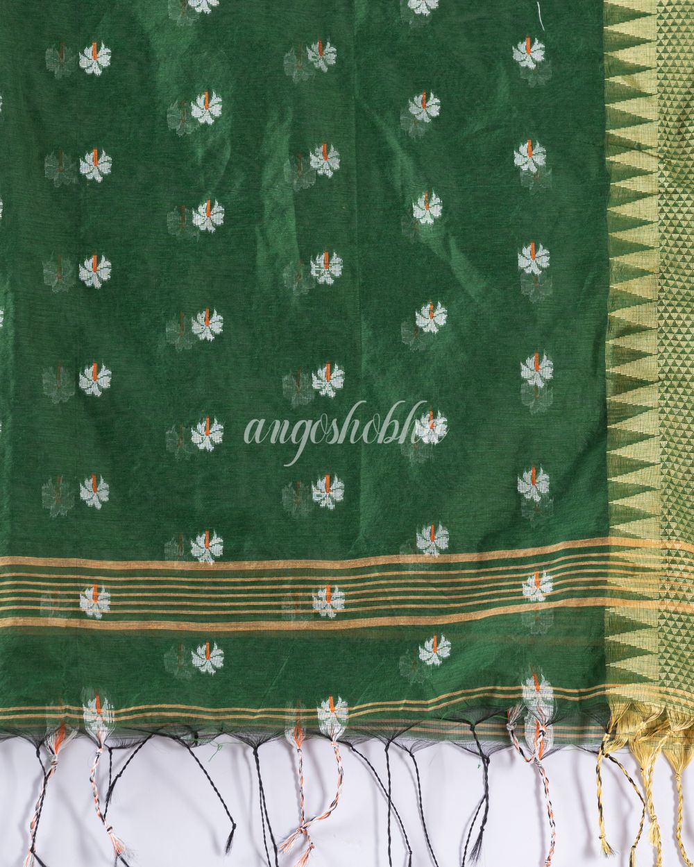 Traditional Cotton Blend Dark Green Handloom Saree angoshobha